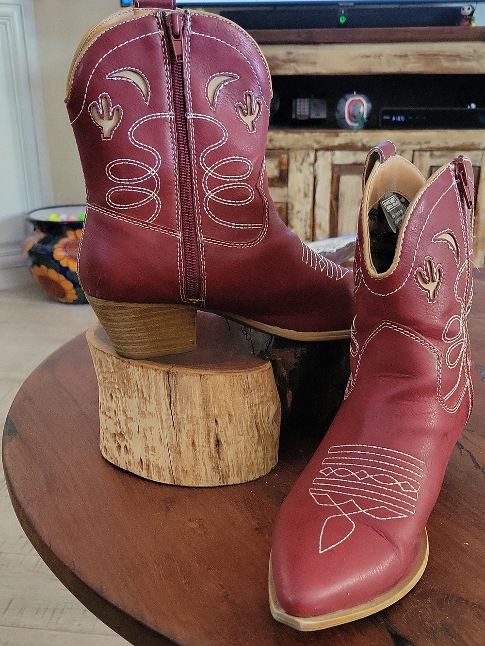 Women's Burgundy Western Leather Ankle Booties with Cactus Stitching